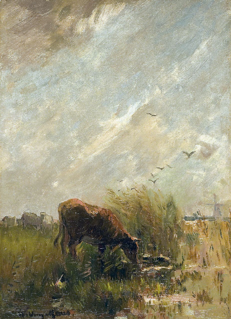 Maris W.  | Willem Maris, Watering cattle, oil on canvas 35.5 x 25.8 cm, signed l.l.