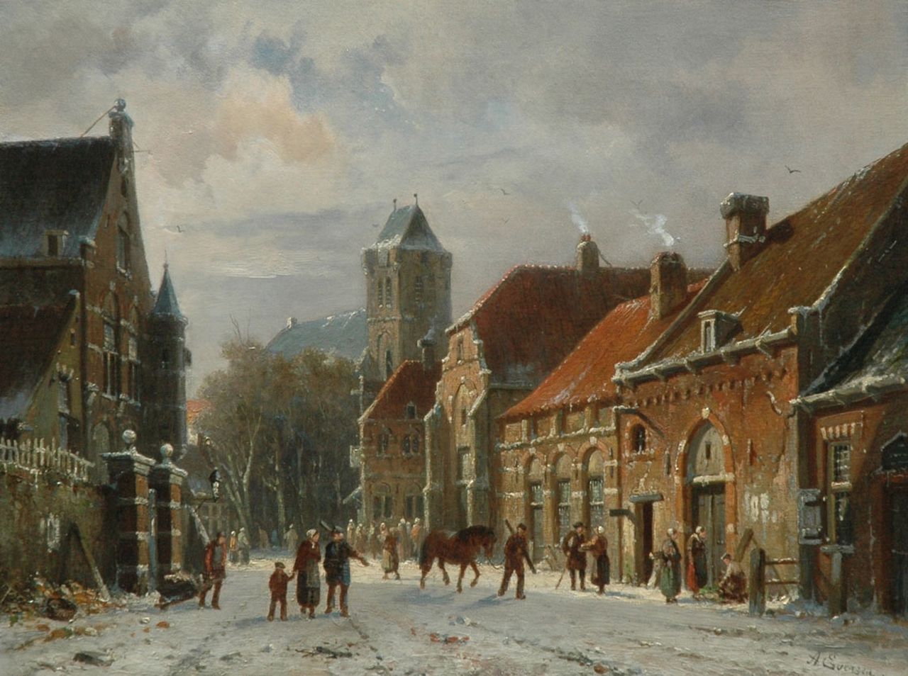 Eversen A.  | Adrianus Eversen, Townview in winter with figures, oil on canvas 31.0 x 40.6 cm, signed l.r.