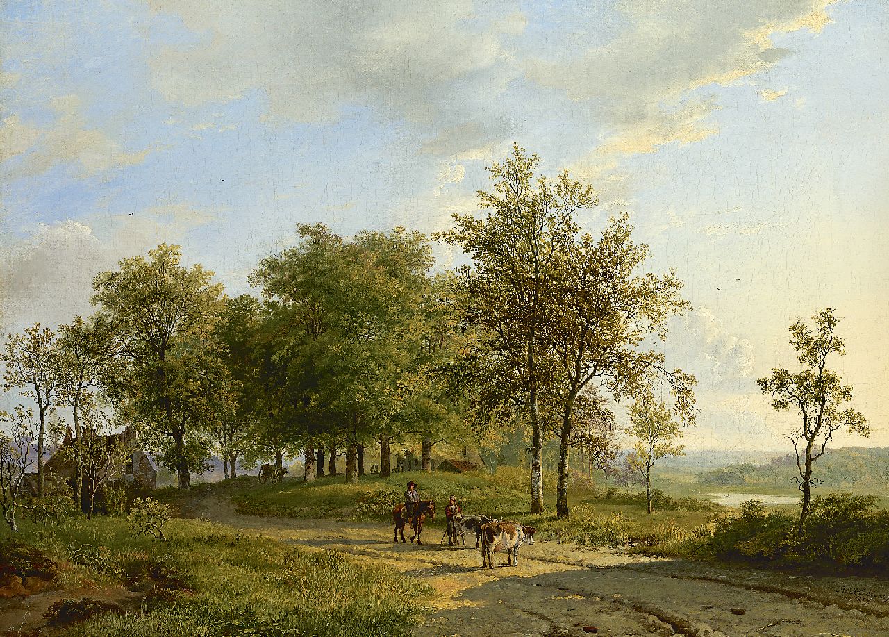 Koekkoek B.C.  | Barend Cornelis Koekkoek, Drovers and their cattle in a summer landscape, oil on canvas 44.3 x 60.2 cm, signed l.r. and dated 1827