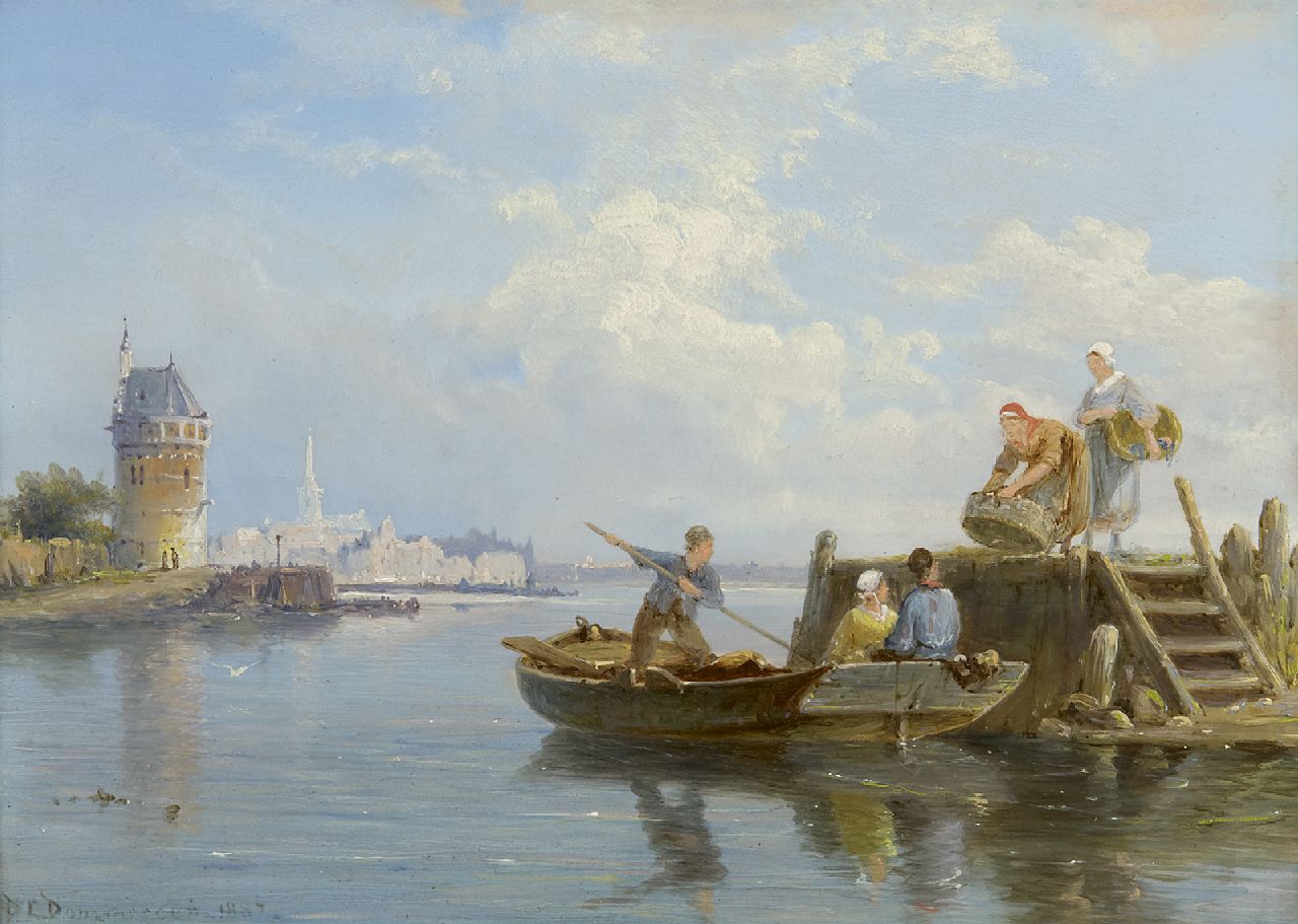 Dommershuijzen P.C.  | Pieter Cornelis Dommershuijzen | Paintings offered for sale | Unloading the catch, Hoorn, oil on panel 18.8 x 25.4 cm, signed l.l. and dated 1887