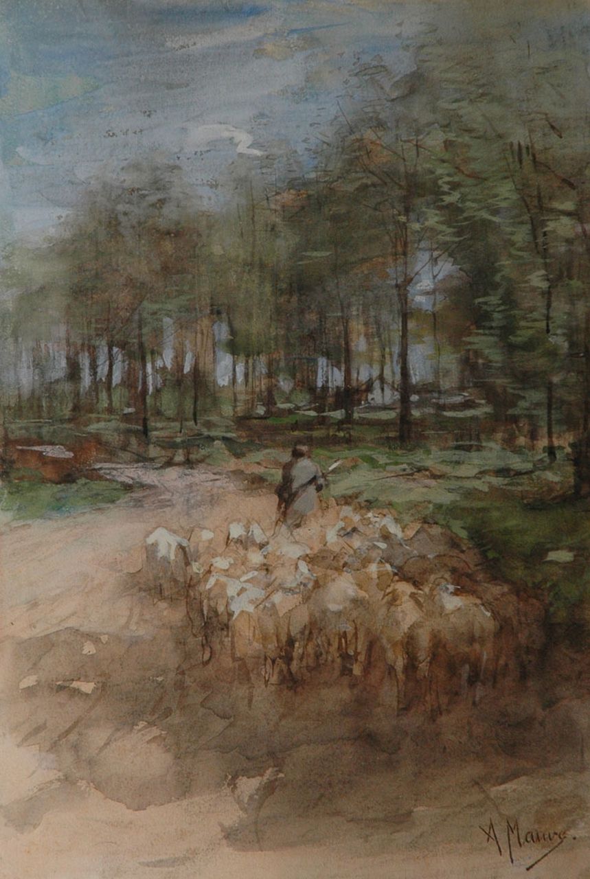 Mauve A.  | Anthonij 'Anton' Mauve, A shepherd and his flock on a sandy track, watercolour and gouache on paper 49.7 x 34.2 cm, signed l.r.