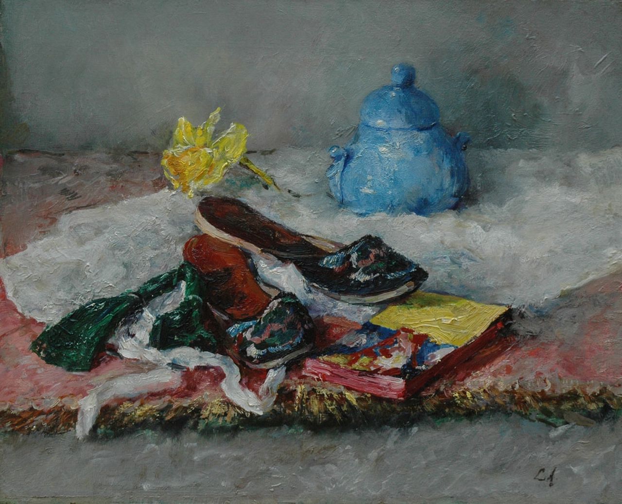 Ansingh M.E.G.  | Maria Elisabeth Georgina 'Lizzy' Ansingh, A still life with oriental slippers, oil on canvas 40.5 x 50.5 cm, signed l.r. with initials