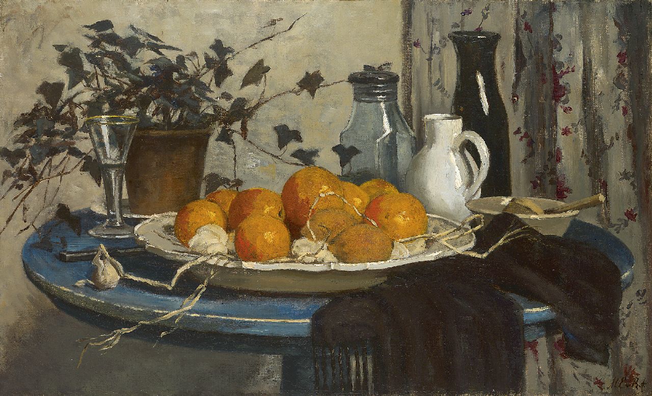 Regteren Altena M.E. van | 'Marie' Engelina van Regteren Altena, A still life with oranges on a blue table, oil on canvas 48.3 x 78.3 cm, signed l.r. with initials and on the reverse