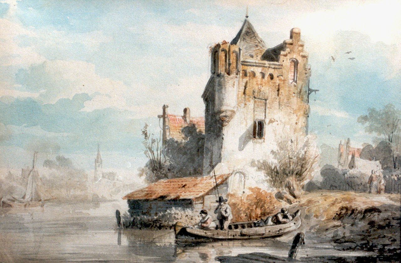 Springer C.  | Cornelis Springer, Preparatory study Donjon 1844, watercolour on paper 14.0 x 19.0 cm, signed on the reverse and dated 1844