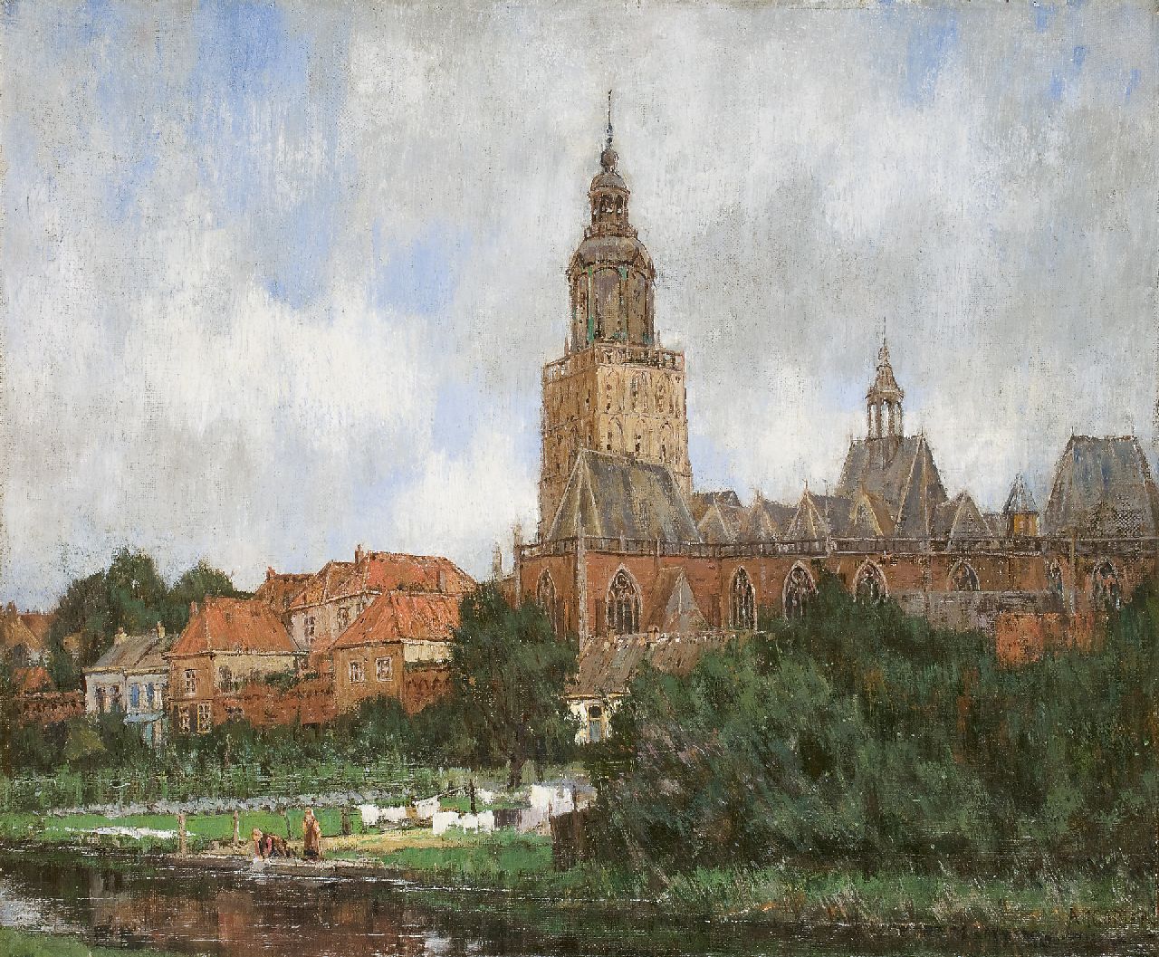 Gorter A.M.  | 'Arnold' Marc Gorter, A view of Zutphen with the Moddergracht and the St. Walburgiskerk, oil on canvas 46.5 x 56.5 cm, signed l.r.
