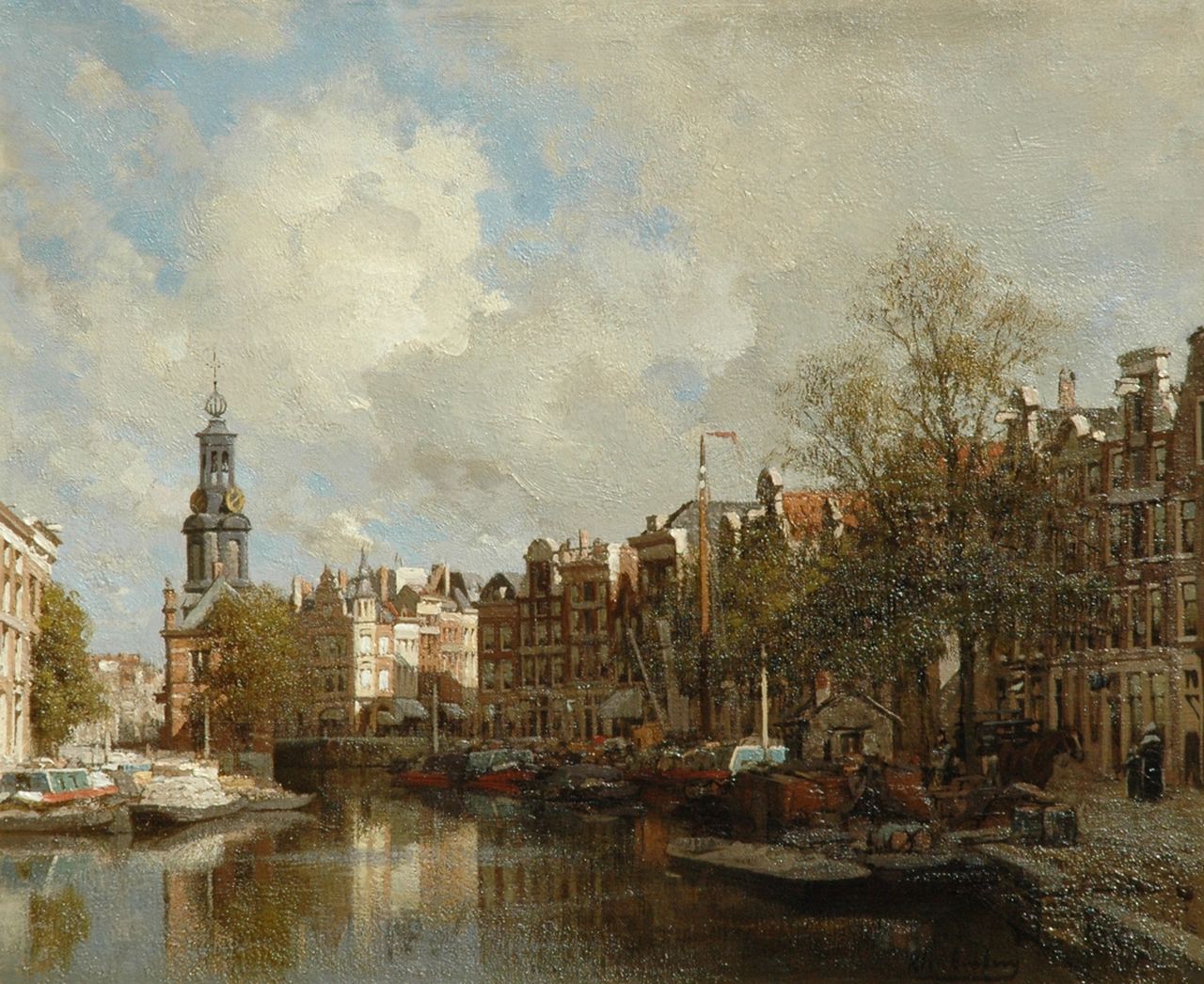 Klinkenberg J.C.K.  | Johannes Christiaan Karel Klinkenberg, The flowermarket in Amsterdam with the Munttoren beyond, oil on canvas 39.5 x 47.4 cm, signed l.r.