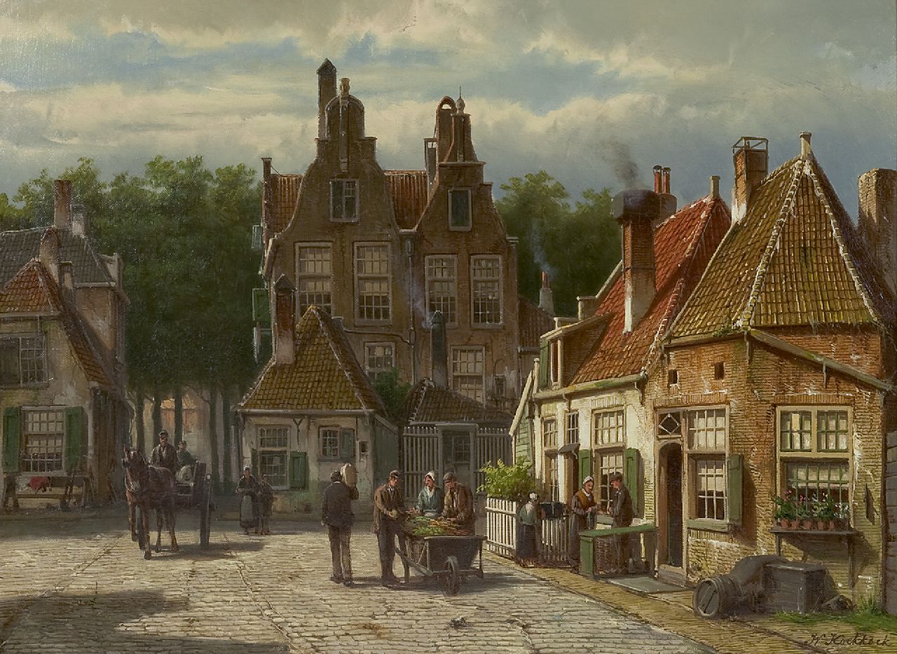 Koekkoek W.  | Willem Koekkoek, Villagers on a sunny square, oil on canvas 44.5 x 60.7 cm, signed l.r.