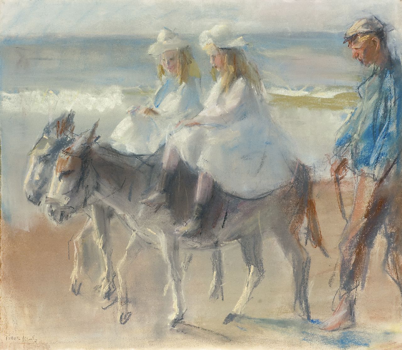 Israels I.L.  | 'Isaac' Lazarus Israels, A donkey-ride on the beach of Scheveningen, pastel on paper 49.5 x 56.6 cm, signed l.l.