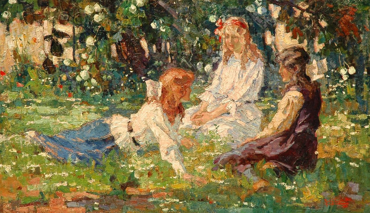 Graafland R.A.A.J.  | Robert Archibald Antonius Joan 'Rob' Graafland, Chatting in the garden, oil on canvas 105.1 x 180.1 cm, signed l.r. and dated 1918