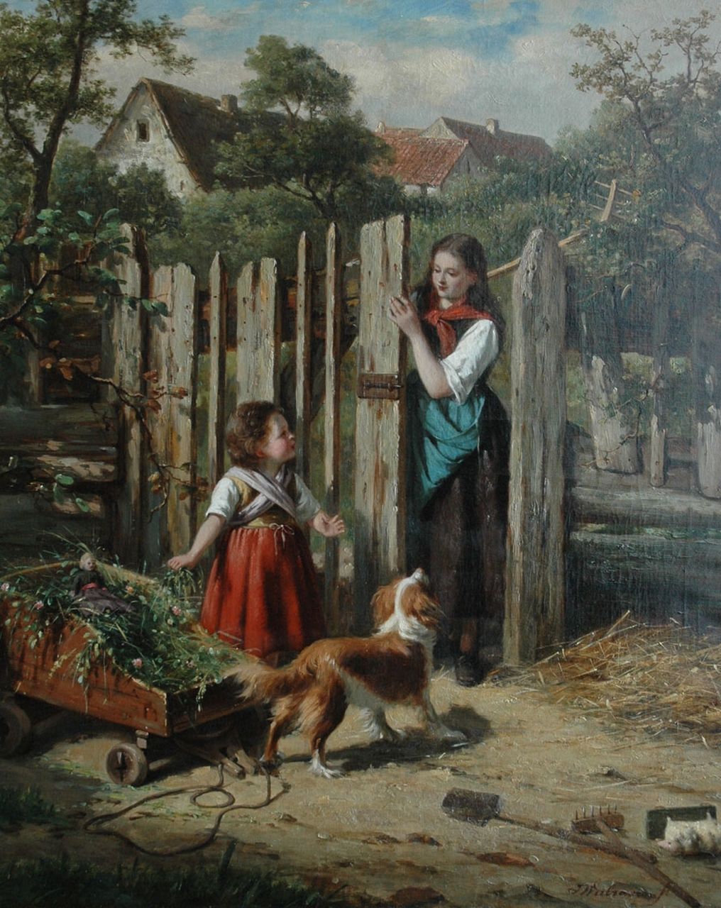 Walraven J.  | Jan Walraven, A playing girl with her dog, oil on canvas 69.8 x 57.1 cm, signed l.r.