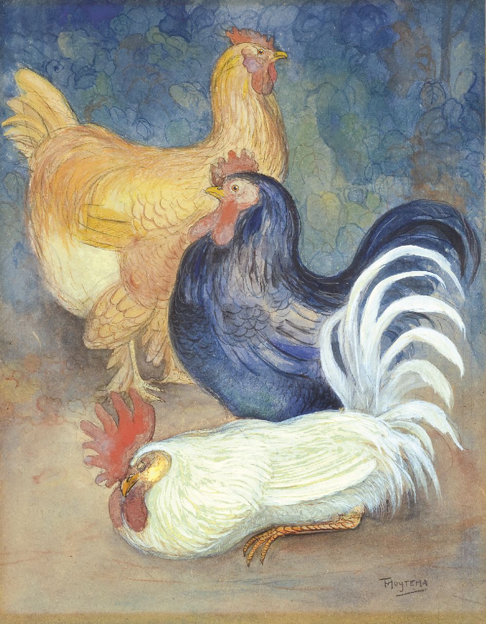 Hoytema Th. van | Theodorus 'Theo' van Hoytema, Hens and Rooster, chalk and gouache on cardboard 49.7 x 38.7 cm, signed l.r. and executed circa 1898