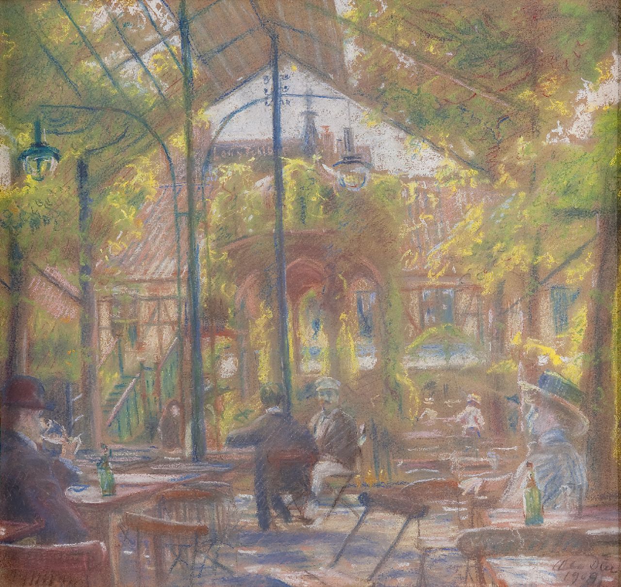 Due O.W.S.  | Ole Wolhardt Stampe Due | Watercolours and drawings offered for sale | Garden café in Copenhagen, pastel on paper 49.3 x 55.0 cm, signed l.r. and dated 1909