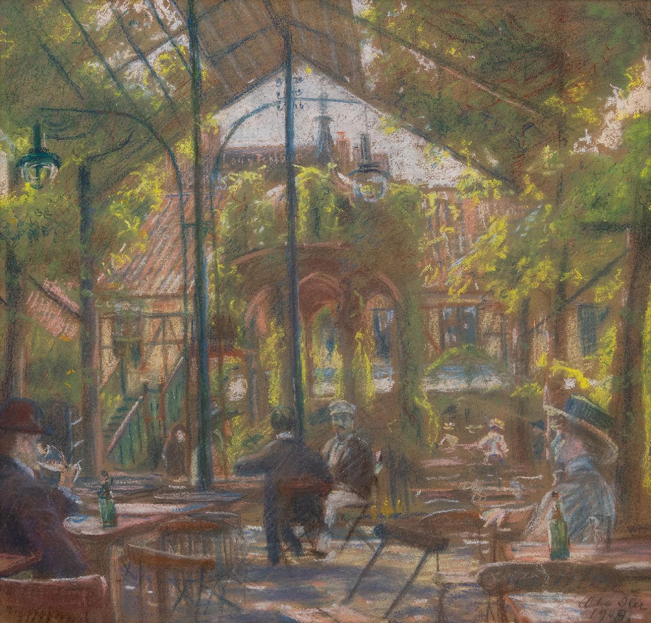 Ole Wolhardt Stampe Due | Garden café in Copenhagen, pastel on paper, 49.3 x 55.0 cm, signed l.r. and dated 1909