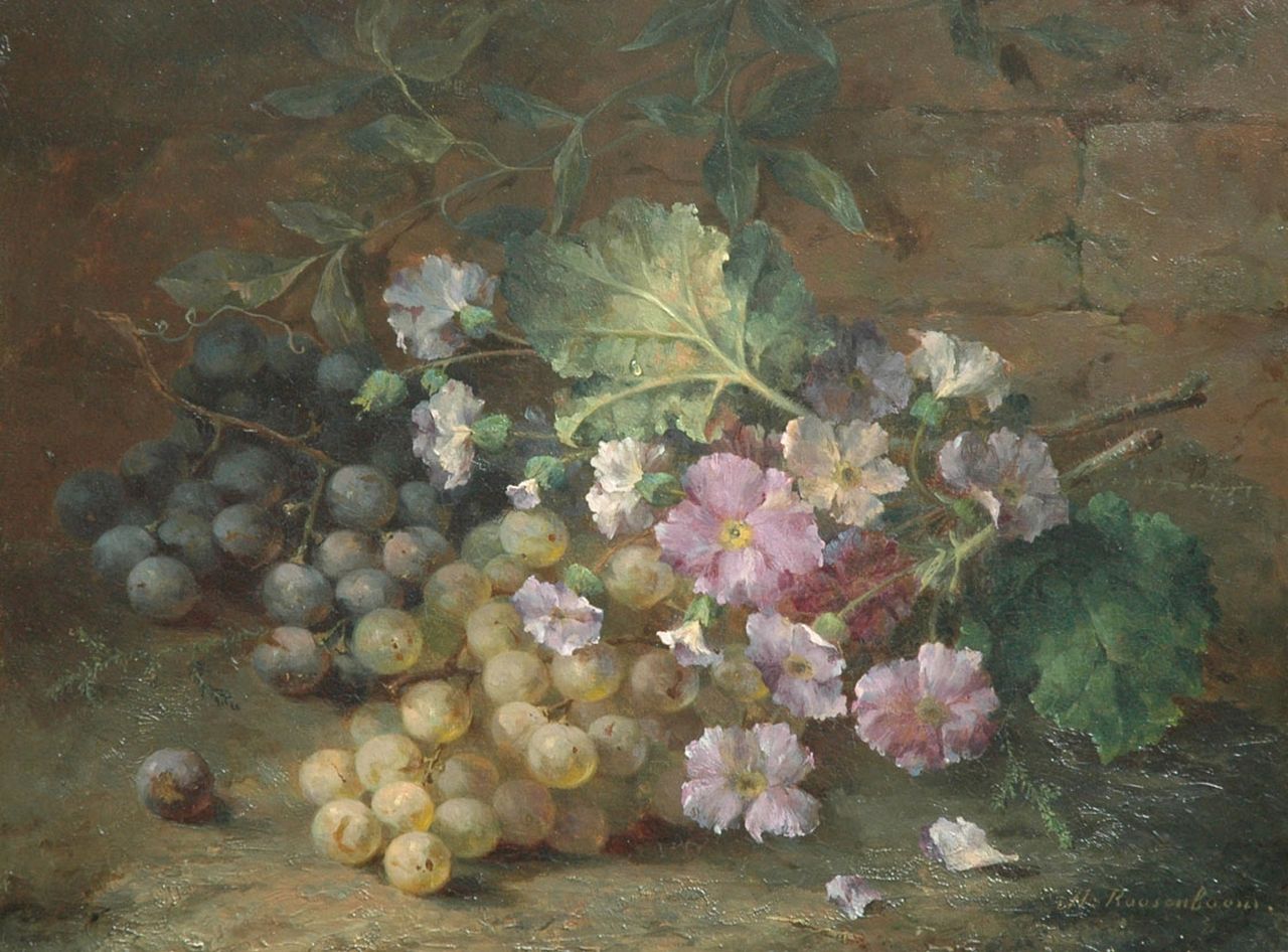 Roosenboom M.C.J.W.H.  | 'Margaretha' Cornelia Johanna Wilhelmina Henriëtta Roosenboom, A still life with primroses and grapes, oil on panel 31.7 x 41.7 cm, signed l.r.