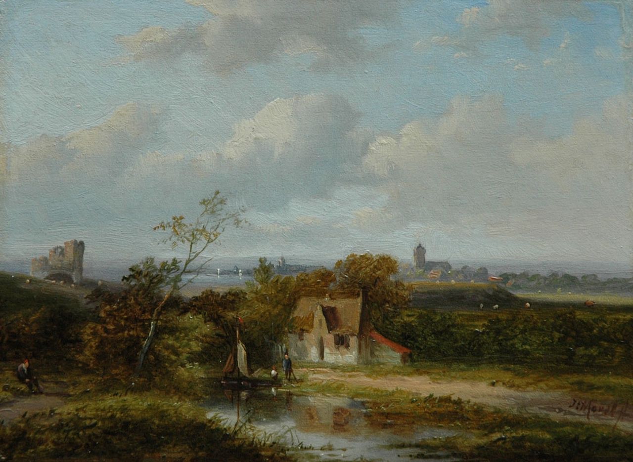 Morel II J.E.  | Jan Evert Morel II, An extensive riverlandscape with a ruïn, oil on panel 15.3 x 20.6 cm, signed l.r.
