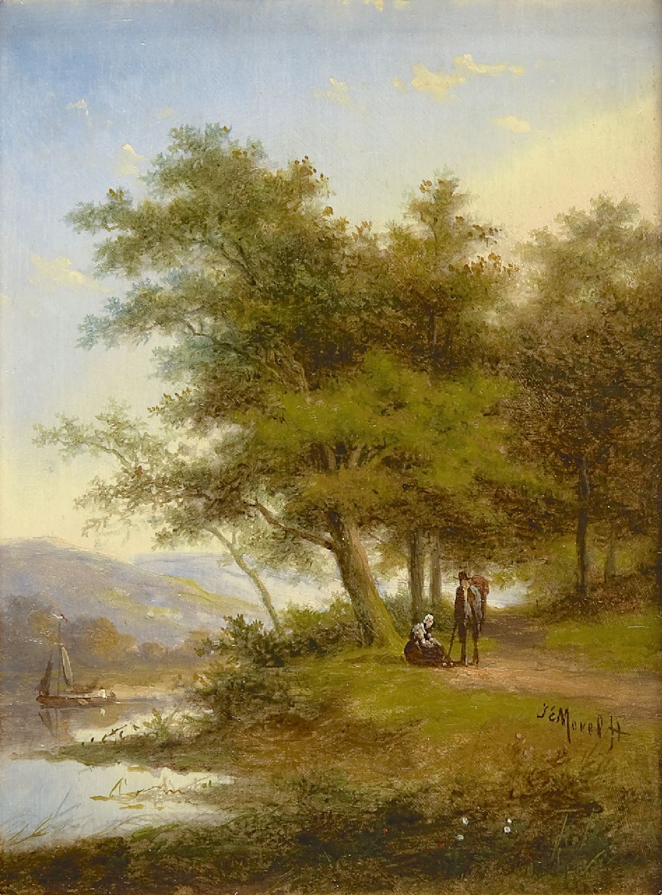Morel II J.E.  | Jan Evert Morel II, Figures on a path along a river, oil on panel 20.6 x 15.2 cm, signed l.r.