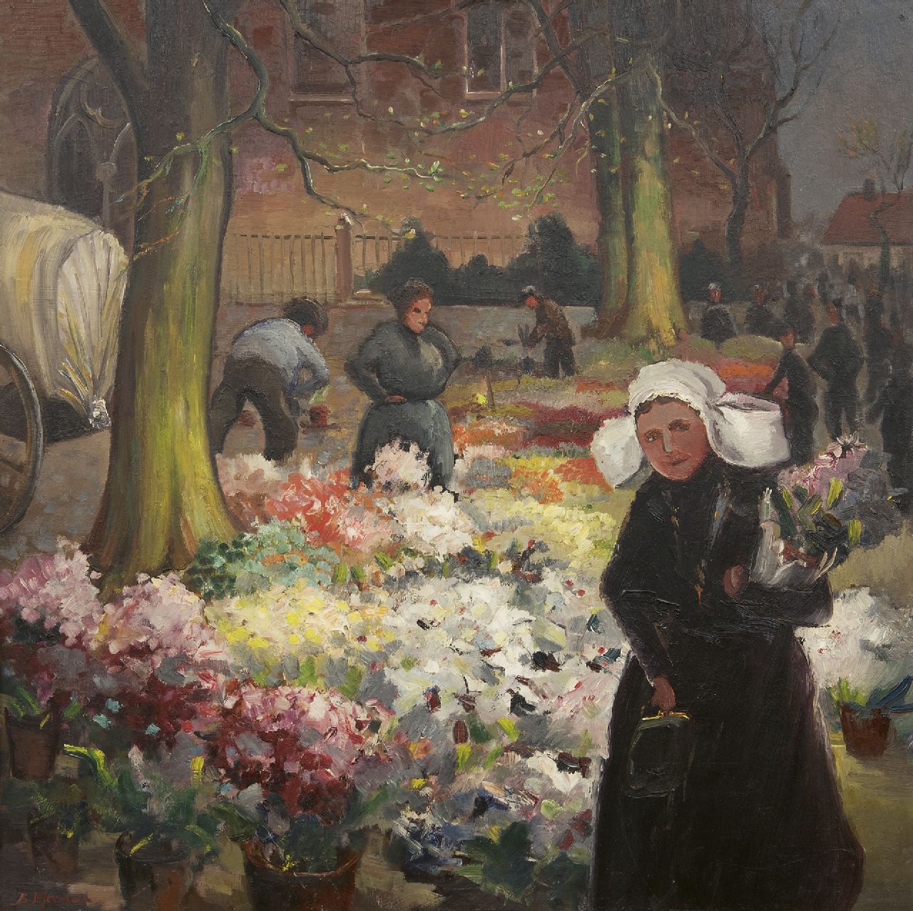 Moonen B.F.A.  | Bernardus Franciscus Aloijsius ‘Ben’ Moonen | Paintings offered for sale | Flower market, oil on panel 80.3 x 80.0 cm, signed l.l.