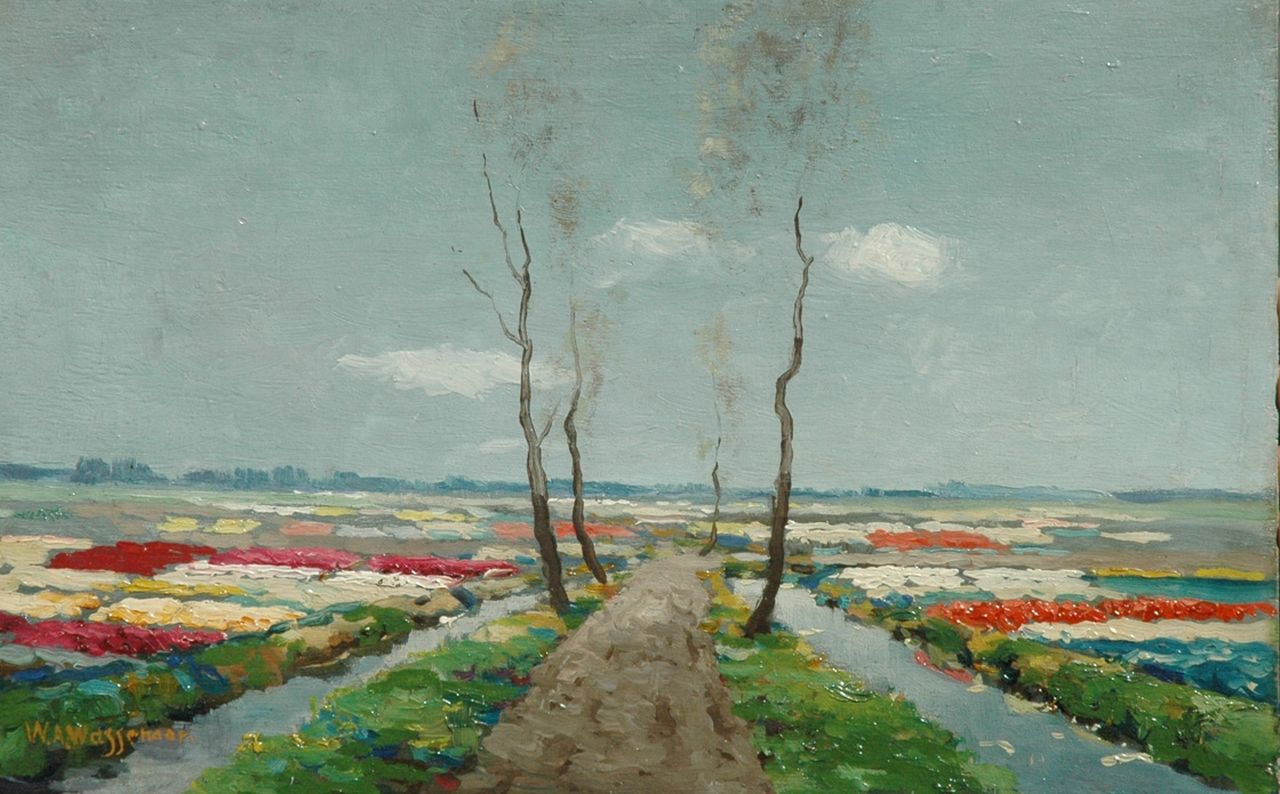 Wassenaar W.A.  | Willem Abraham Wassenaar, Flowering bulb fields, oil on panel 25.1 x 40.0 cm, signed l.l.