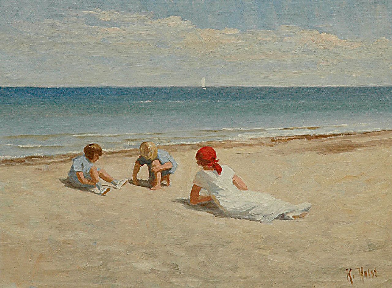 Holst K.  | Kaj Holst, Mother with children on the beach, oil on canvas 40.6 x 50.5 cm, signed l.r.