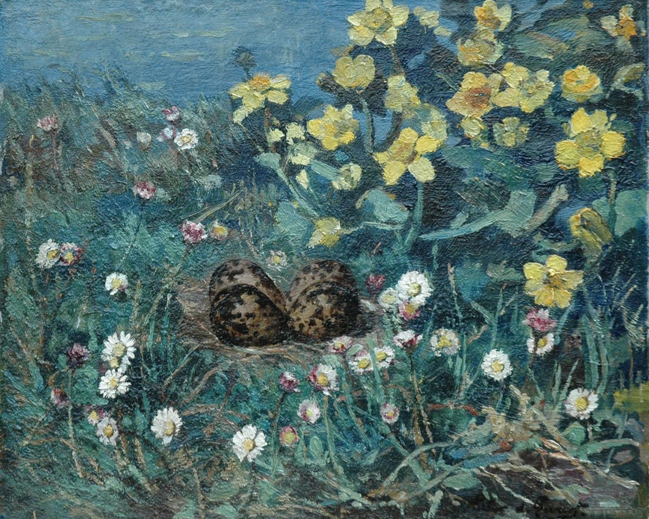 Zwart P.M.A. de | Petrus Martinus Antonius 'Pieter' de Zwart, Plover's egg between fieldflowers, oil on canvas 34.5 x 42.3 cm, signed l.r.