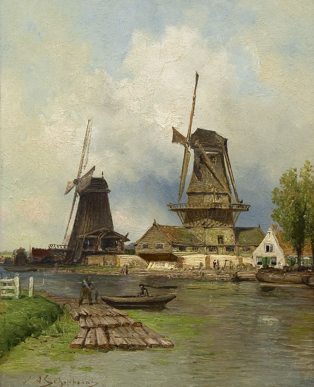 Schipperus P.A.  | Pieter Adrianus 'Piet' Schipperus, Sowing mills 'De Vlaggeman' and 'Het Haantje' on the Schie near Rotterdam, oil on panel 29.7 x 23.7 cm, signed l.l.