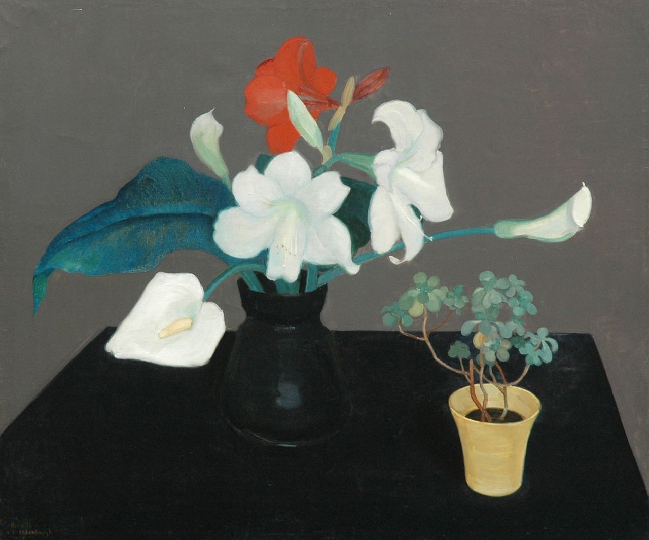 Vreedenburgh H.  | Hermanus 'Herman' Vreedenburgh, Flower in a black vase, oil on canvas 59.4 x 69.7 cm, signed l.l. and dated 1927