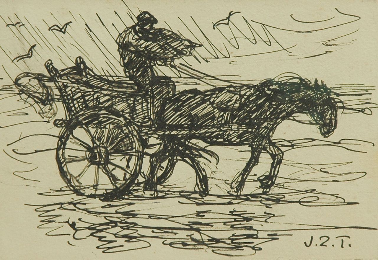 Zoetelief Tromp J.  | Johannes 'Jan' Zoetelief Tromp, Fisherman on the beach, Katwijk, pen and black ink on paper 12.0 x 17.6 cm, signed l.r. with initials