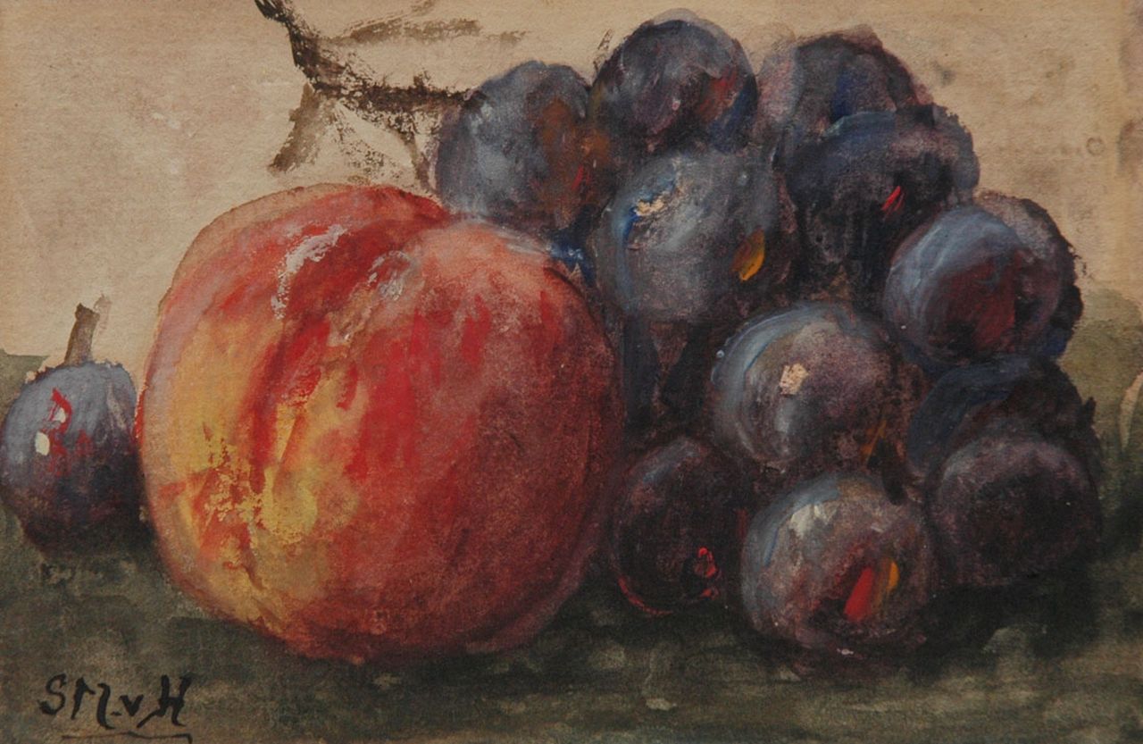 Mesdag-van Houten S.  | Sina 'Sientje' Mesdag-van Houten, A still life with peach and grapes, watercolour on paper 9.0 x 13.6 cm, signed l.l. with initials