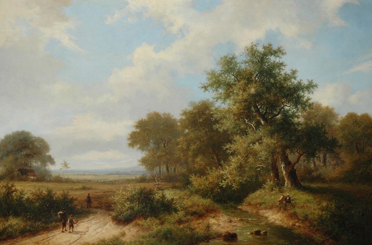 Koekkoek P.H.  | Pieter Hendrik 'H.P.' Koekkoek, Fishermen and countrymen on a country road, oil on canvas 66.6 x 100.5 cm, signed l.l.