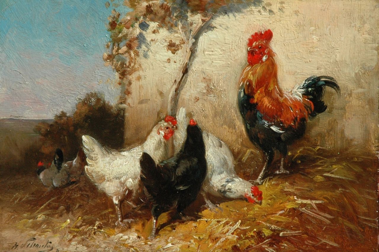 Schouten H.  | Henry Schouten, A rooster and his hens, oil on panel 16.9 x 24.7 cm, signed l.l.