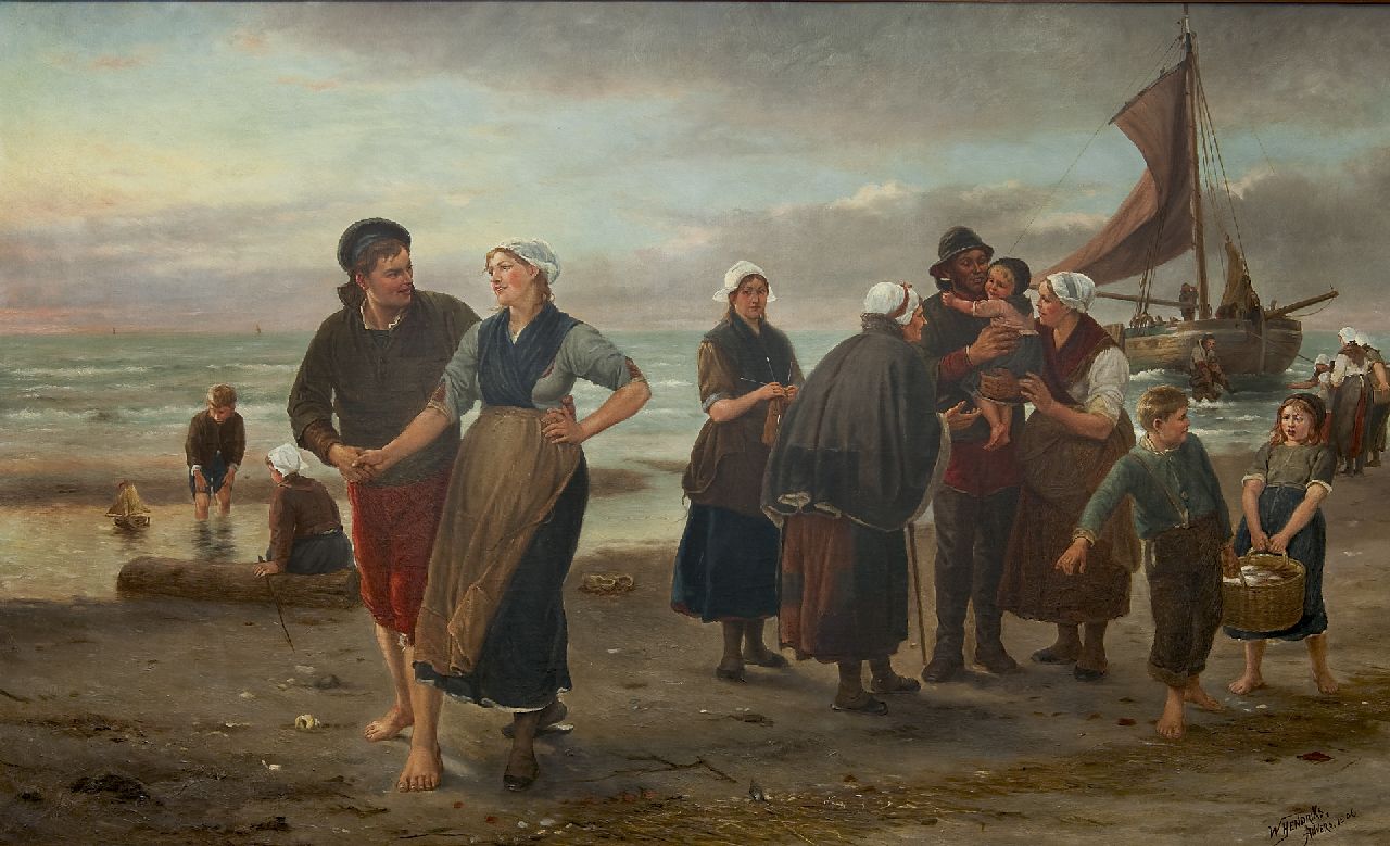 Hendriks W.  | Hendriks | Paintings offered for sale | The homecoming of the fishermen, oil on canvas 73.1 x 120.8 cm, signed l.r. and dated 'Anvers 1906'