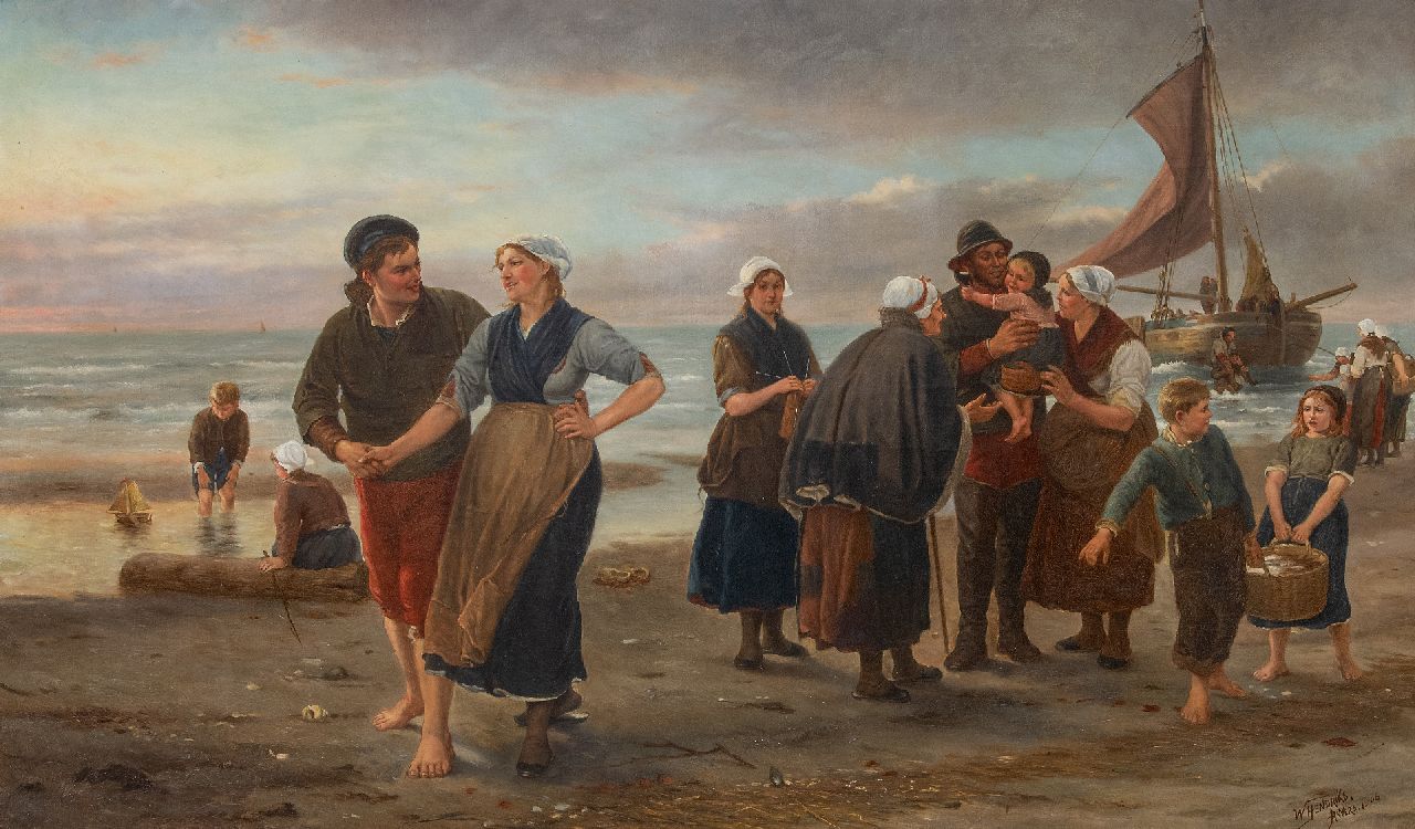 Hendriks W.  | Hendriks, The homecoming of the fishermen, oil on canvas 73.1 x 120.8 cm, signed l.r. and dated 'Anvers 1906'