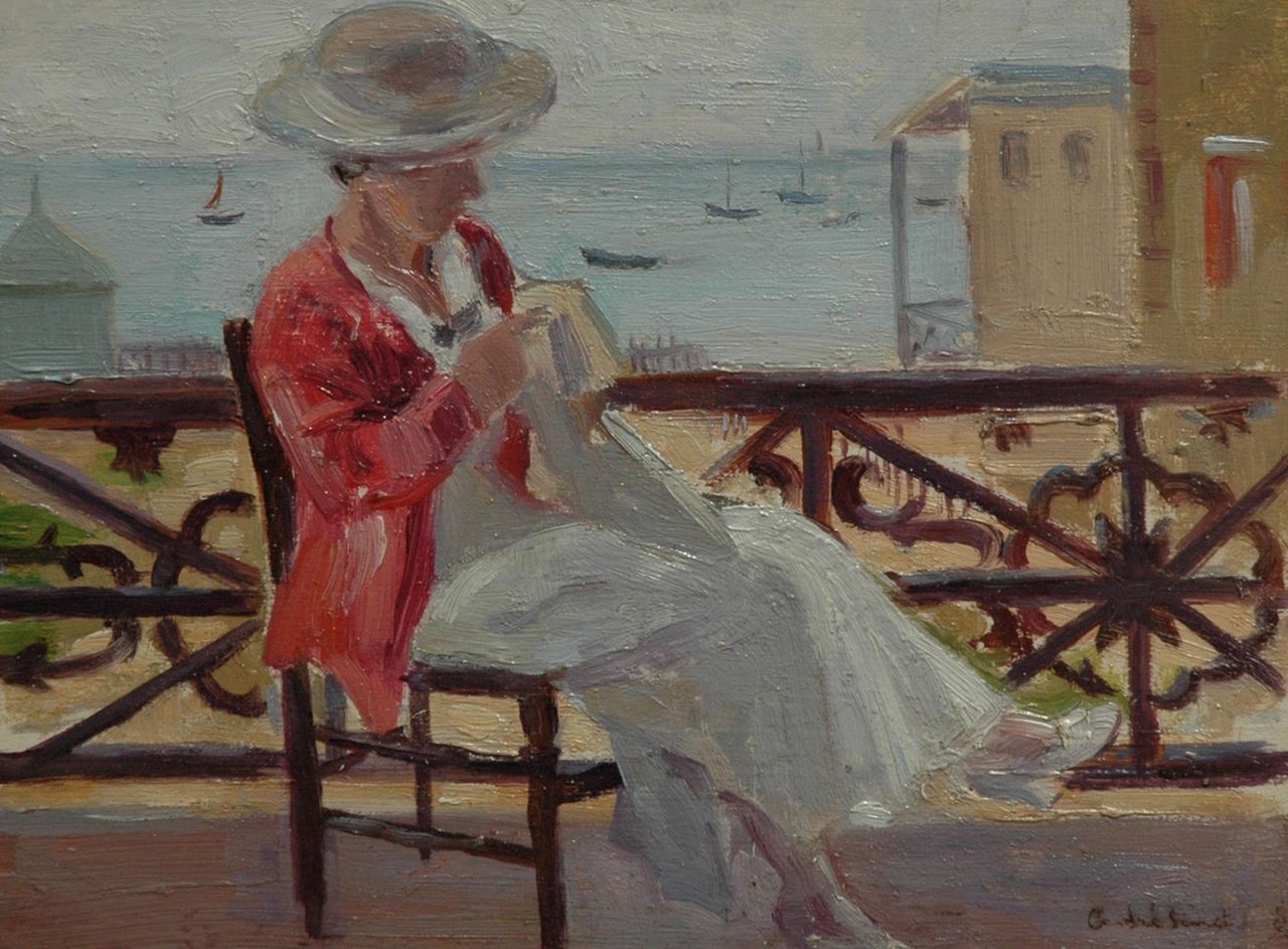 Sinet A.  | André Sinet, A lady seated at a balcony, oil on panel 17.3 x 24.0 cm, signed l.r.