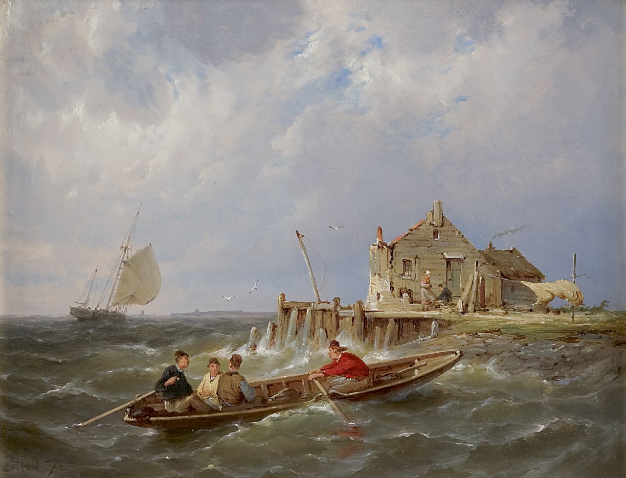 Dommershuijzen P.C.  | Pieter Cornelis Dommershuijzen, Fishermen off a jetty, oil on panel 19.9 x 25.4 cm, signed l.l. with initials and dated '87