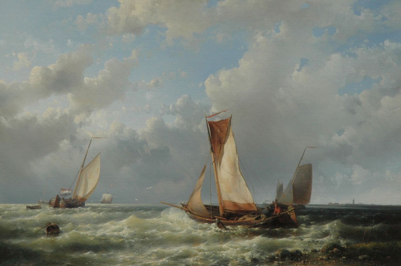 Hulk A.  | Abraham Hulk, Setting sail in a rising storm, oil on canvas 44.6 x 66.2 cm, signed l.l.