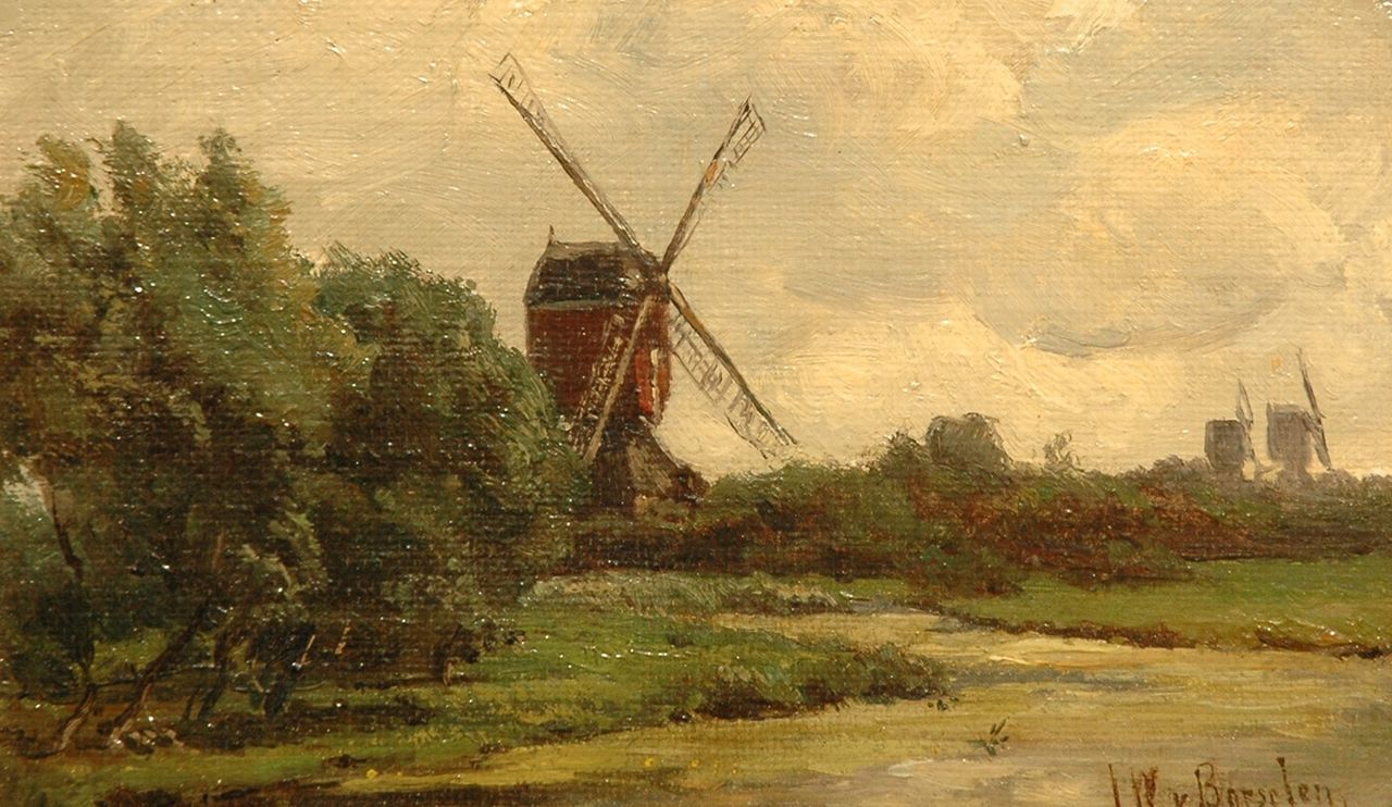 Borselen J.W. van | Jan Willem van Borselen, Windmills in a Dutch polder landscape, oil on canvas laid down on panel 12.7 x 19.8 cm, signed l.r.