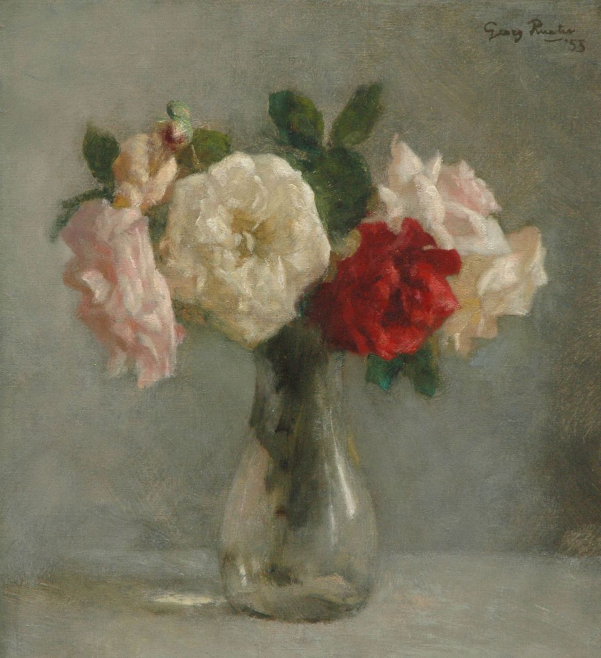 Rueter W.C.G.  | Wilhelm Christian 'Georg' Rueter, Roses in vase of glass, oil on canvas 46.0 x 42.0 cm, signed u.r. and dated '53