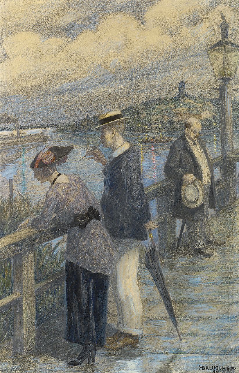 Baluschek H.  | Hans Baluschek, Couple on the bridge, chalk and gouache on paper 48.5 x 33.0 cm, signed l.r. and dated '14