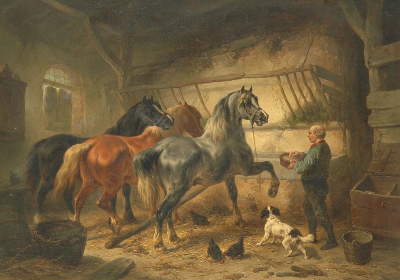 Verschuur W.  | Wouterus Verschuur, Horses in a stable, oil on panel 36.7 x 51.5 cm, signed l.r.