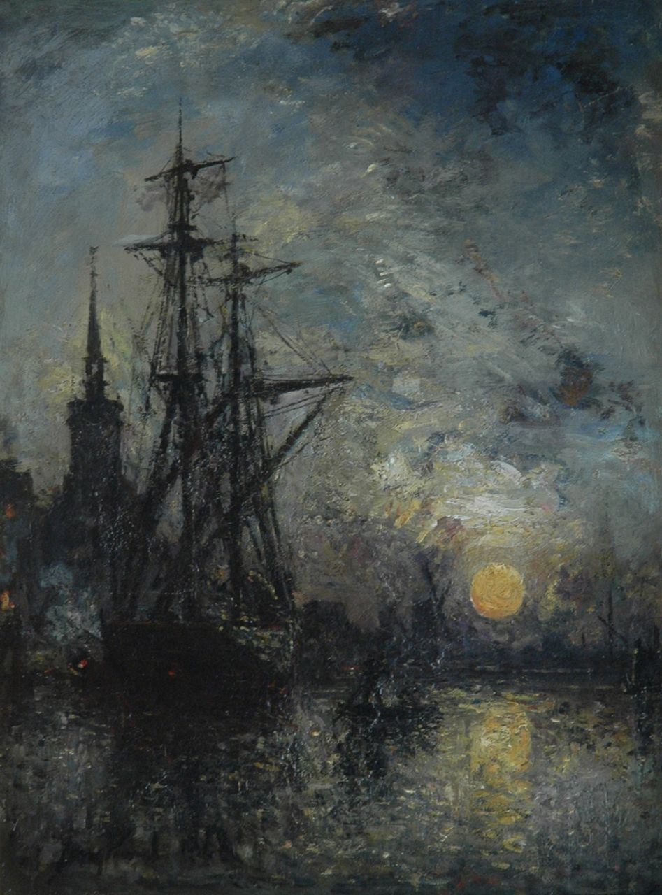 Jongkind J.B.  | Johan Barthold Jongkind, The harbour of Rotterdam by night, oil on canvas 43.1 x 32.4 cm, signed l.l. and dated '68