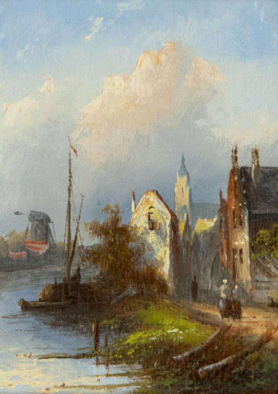 Spohler J.J.C.  | Jacob Jan Coenraad Spohler, Dutch river landscape with houses, oil on panel 12.1 x 8.8 cm, signed on the reverse