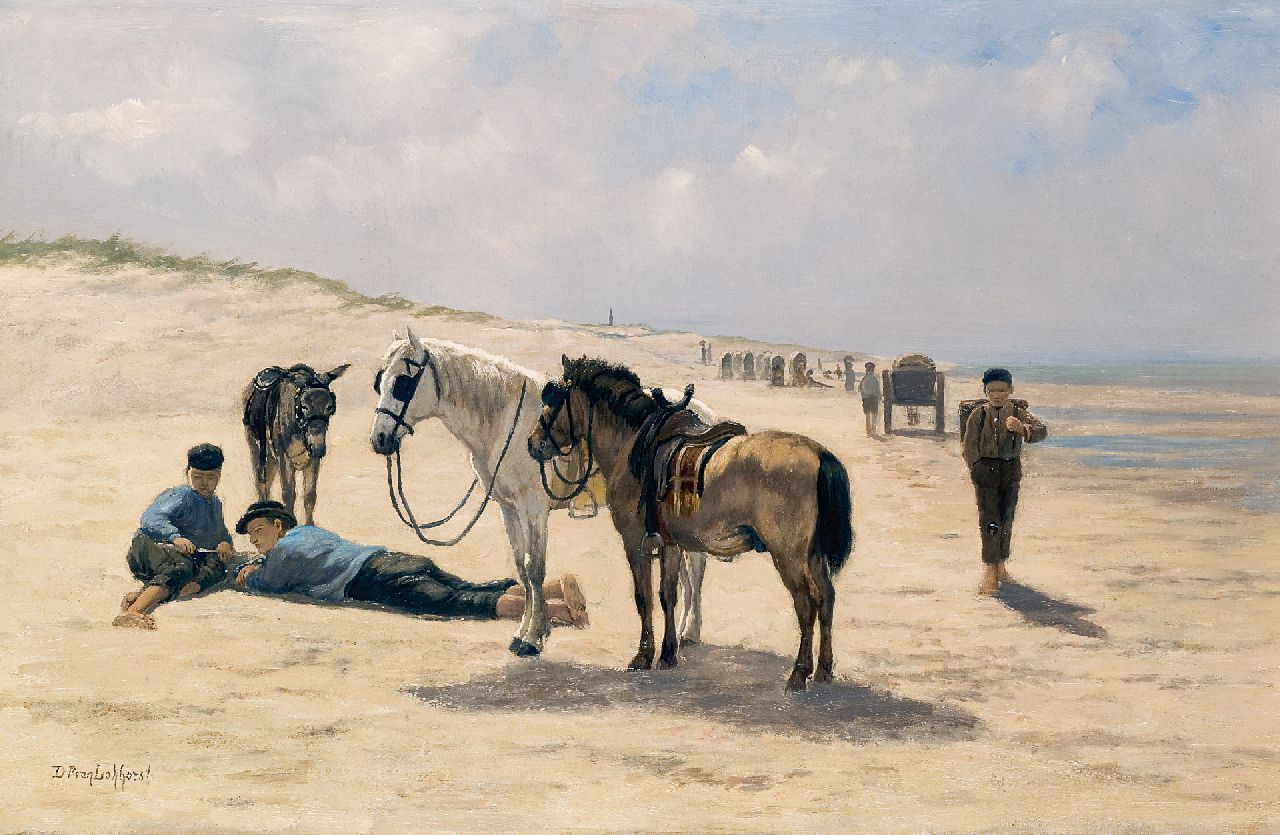 Lokhorst D.P. van | Dirk Peter van Lokhorst, Horses and donkey on the beach, Katwijk, oil on canvas 44.0 x 67.2 cm, signed l.l.