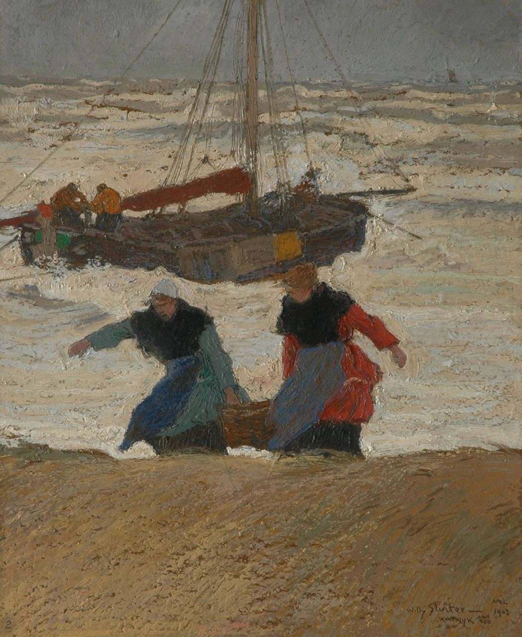 Sluiter J.W.  | Jan Willem 'Willy' Sluiter, Fisherwomen on the beach of Katwijk, oil on board 45.4 x 37.5 cm, signed l.r. and dated 'Katwijk aan Zee, april 1903'
