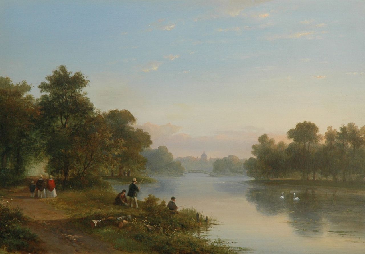 Kleijn L.J.  | Lodewijk Johannes Kleijn, Figures near the pond of Huis ten Bosch, The Hague, oil on panel 37.4 x 53.5 cm, signed l.c. and painted ca. 1860