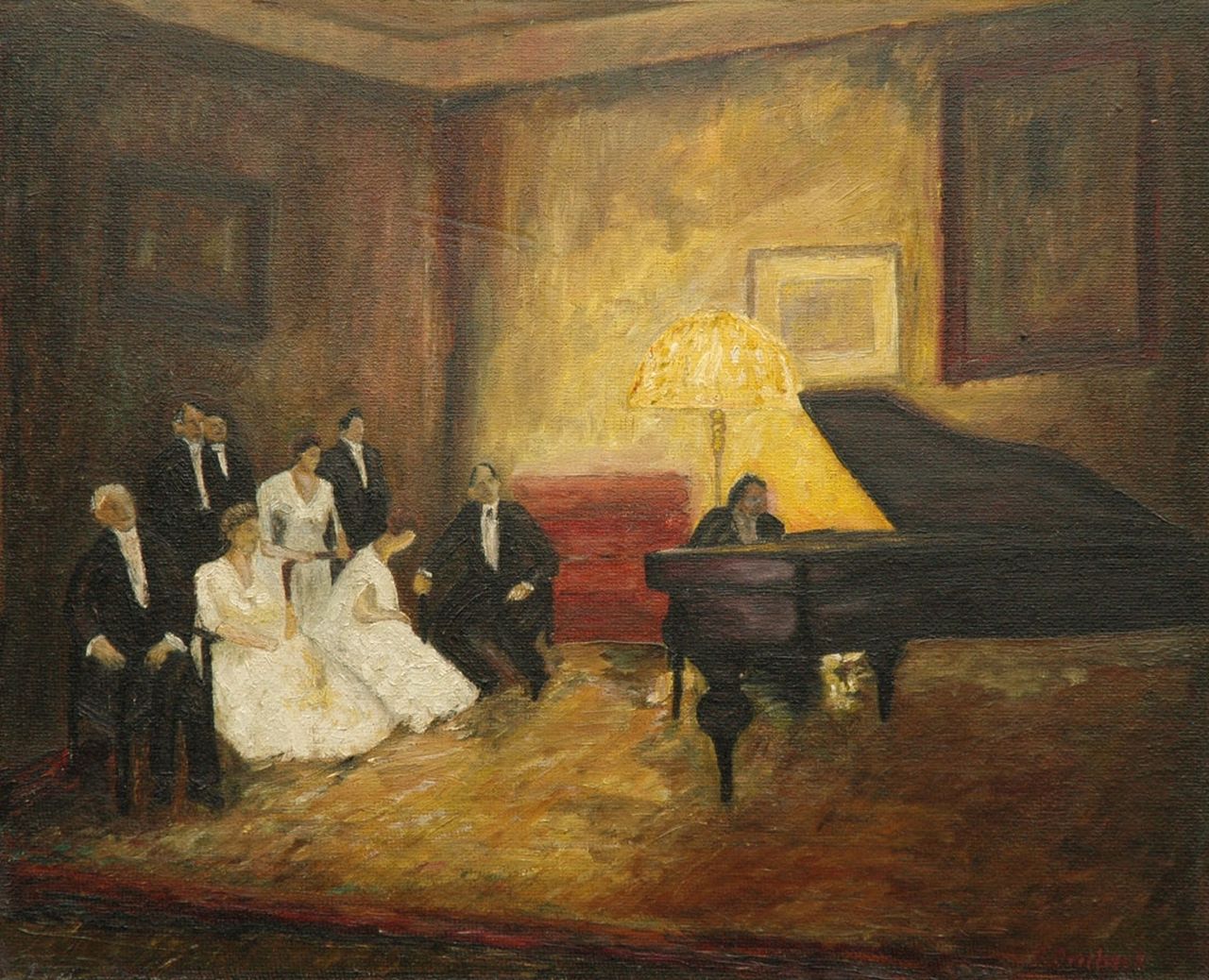 Overbeck F.  | Fritz Overbeck, An evening with music, oil on board 40.1 x 49.7 cm, signed l.r.