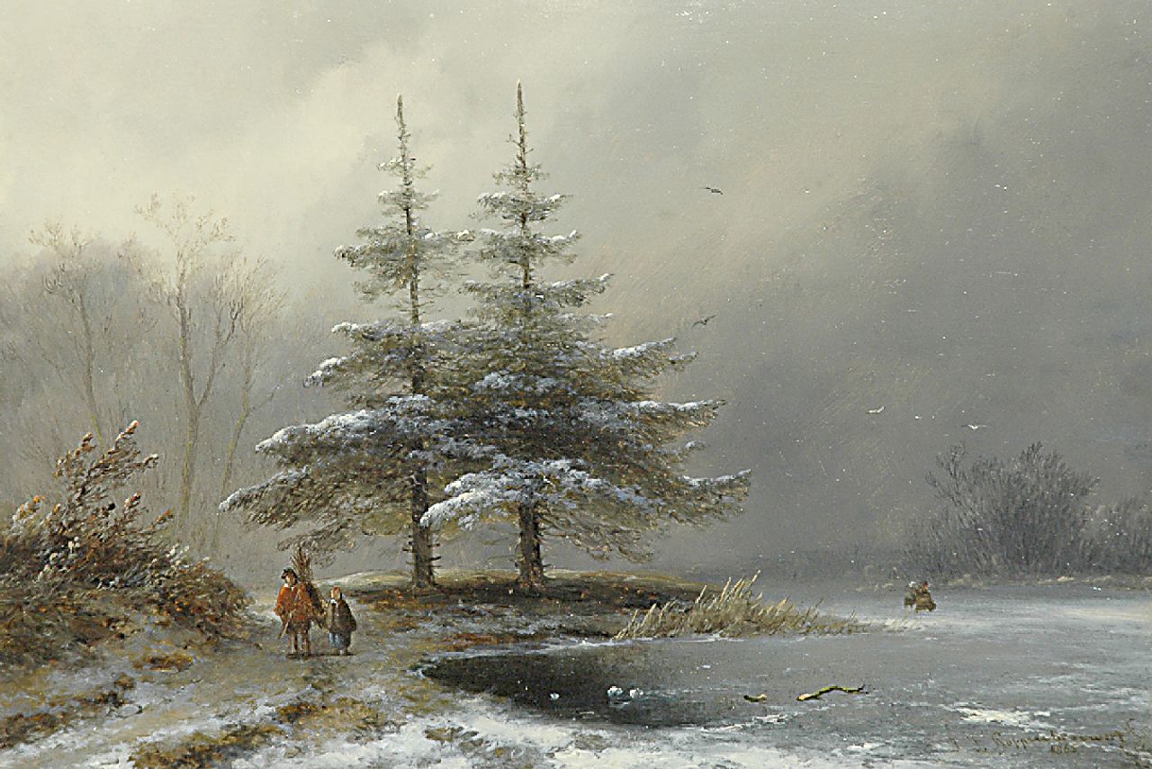 Hoppenbrouwers J.F.  | Johannes Franciscus Hoppenbrouwers, A winter evening, oil on panel 25.6 x 36.5 cm, signed l.r. and dated 1865