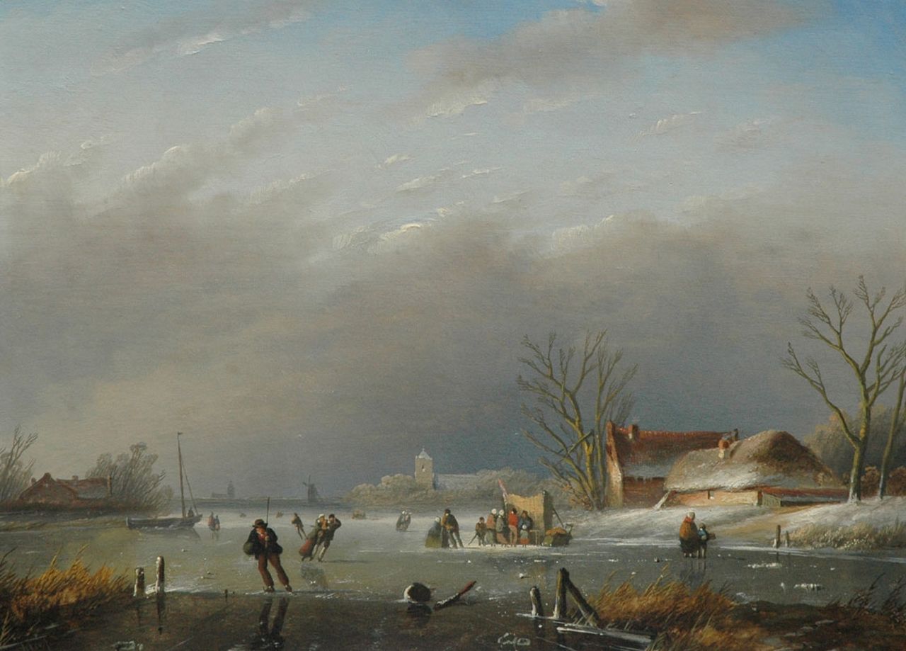 Spohler J.J.  | Jan Jacob Spohler, On the ice, oil on panel 24.0 x 32.6 cm, signed l.l.