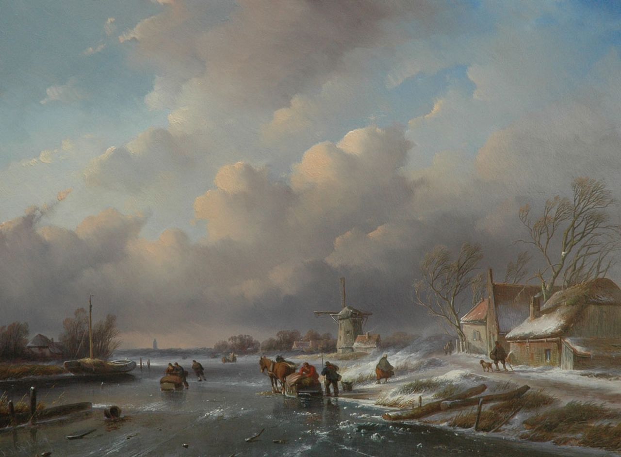 Spohler J.J.  | Jan Jacob Spohler, A winter landscape withe figures and sledges on the ice, oil on panel 48.2 x 64.2 cm, signed l.l.