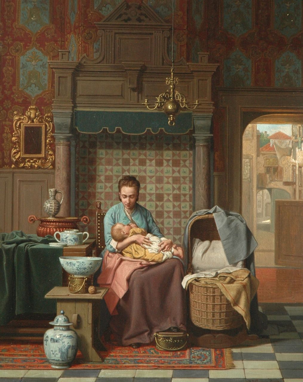 Grips C.J.  | Carel Jozeph Grips, A Dutch interior with mother and child, oil on panel 44.4 x 34.8 cm, signed l.r. and dated 1876