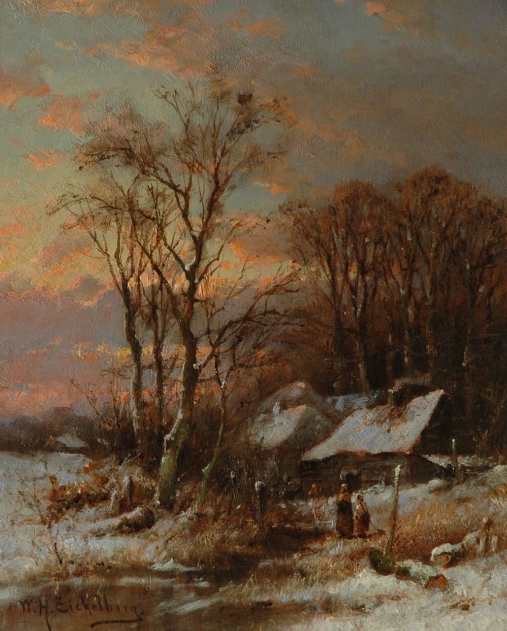 Eickelberg W.H.  | Willem Hendrik Eickelberg, A winter sunset, oil on panel 26.1 x 20.8 cm, signed l.l.